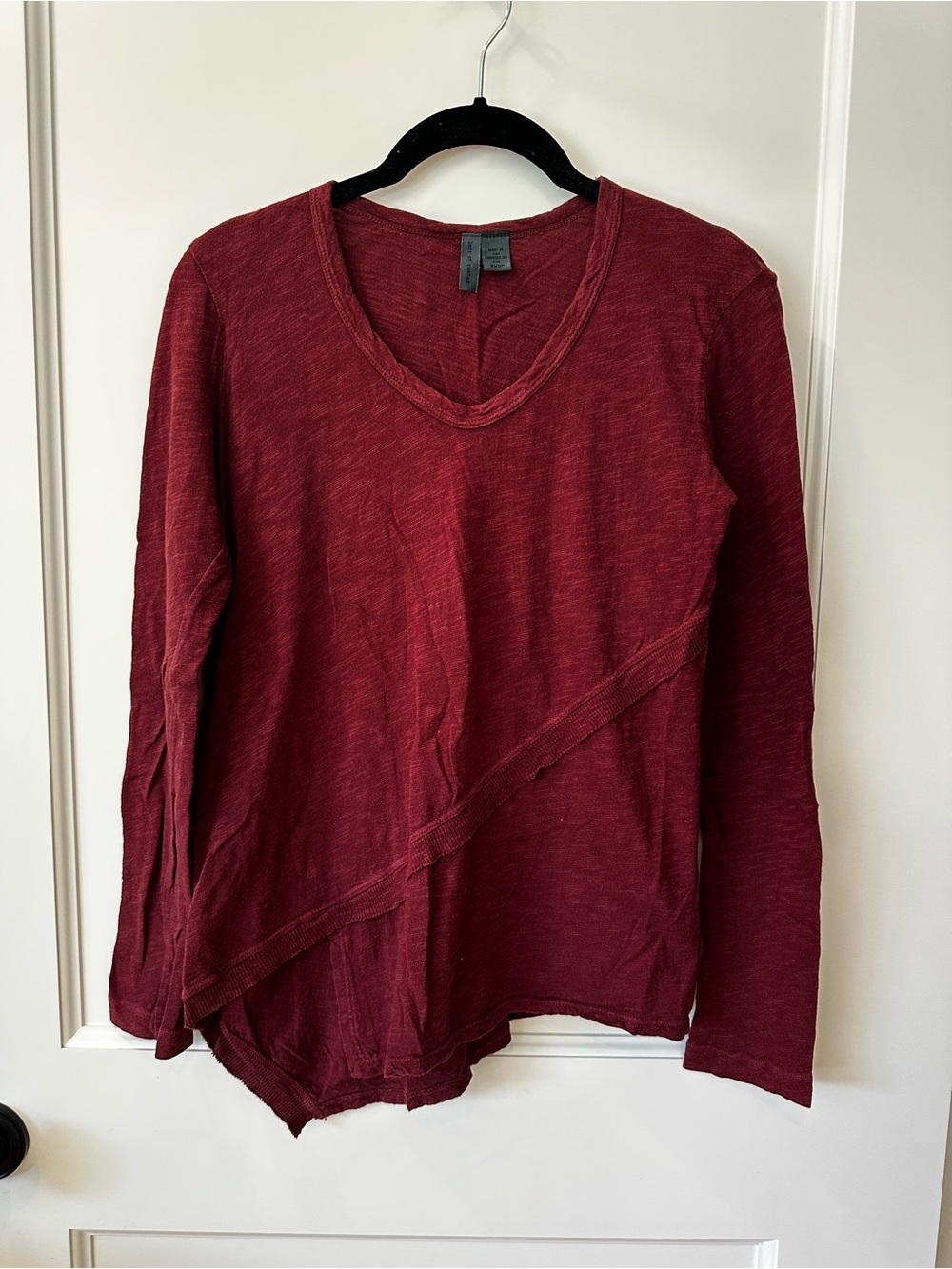 Anthropologie Left of Center Long Sleeve Asymmetrical V-Neck Top in Burgundy